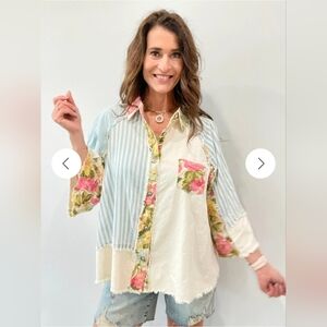 Pol All That And More Chambray Multi Pattern Oversized Front Button Front Shirt